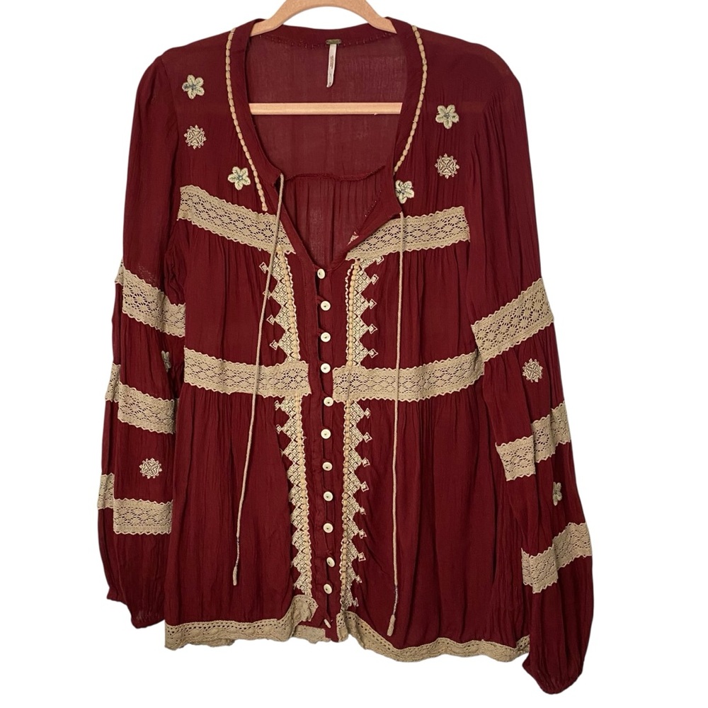 Free People Gauzy Boho Embellished Long Sleeve Blouse - Picture 2 of 6